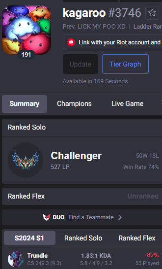 Challenger 527lp EUNE 74% Win rate (Trundle top ONLY)